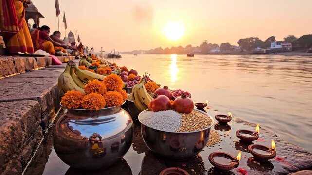 Religious Rituals and Offerings at the Sacred River During Akshaya Tritiya and Parashurama Jayanti Celebrations at Sunset