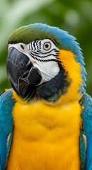 Obraz premium Vibrant blue and yellow plumage adorns the head and chest of a tropical bird in a close up portrait