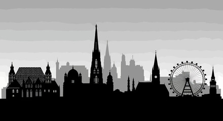Fototapeta premium Dynamic monochrome cityscape silhouette with prominent architectural spires and an observation wheel, creating a modern urban panorama ideal for travel and design projects