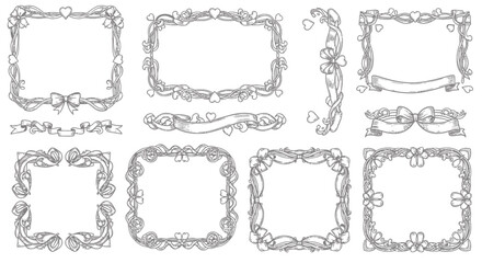 An elegant collection of hand-drawn outline frames and decorative borders, featuring intricate scrollwork, heart motifs, and ribbon elements, ideal for romantic invitations and festive design projects