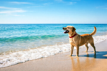 Happy Yellow Labrador Retriever Standing on Sunny Beach Shore with Blue Ocean Waves