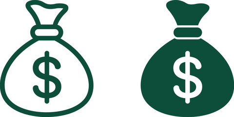 Obraz premium Green Money Bag Icons Set with Dollar Sign in Flat and Outline Style for Finance Banking and Wealth Management Branding