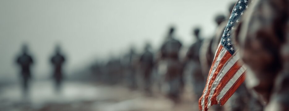 Soldiers marching with American flag at Memorial Day, banner with blurred background