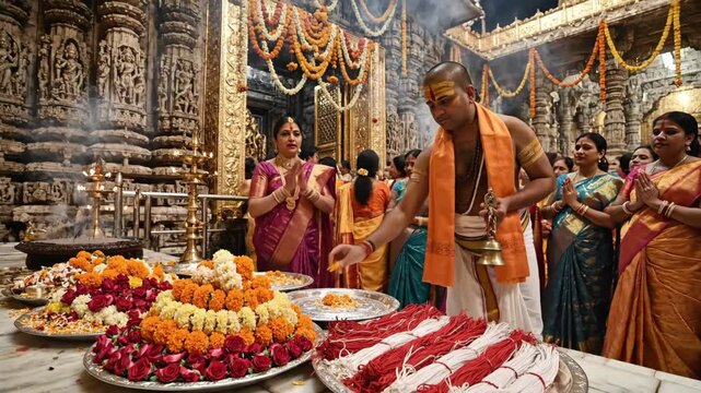 Traditional Hindu Ceremony Celebrating Akshaya Tritiya and Parashurama Jayanti with Rituals and Devotional Offerings in an Ancient Temple