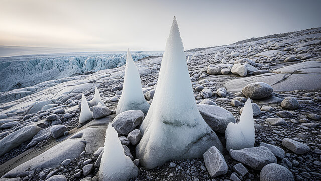 Rare Ice Spires on Glacial Moraine.