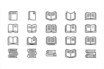 Open Book and Library Icons Set in Minimal Line Vector Style