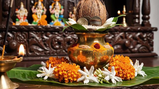 Traditional Hindu Religious Offering with Coins, Flowers, and Coconut for Akshaya Tritiya, Parashurama Jayanti, and Parshuram Celebrations