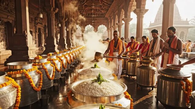 Traditional Hindu Ritual Ceremony Celebrating Akshaya Tritiya and Parashurama Jayanti at a Historic Temple with Devotees Performing Pooja