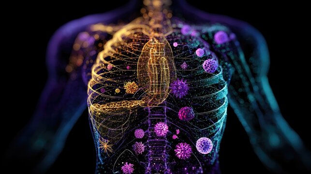 Detailed visualization of human lungs with vibrant colors representing respiratory health and microorganisms in a dark background
