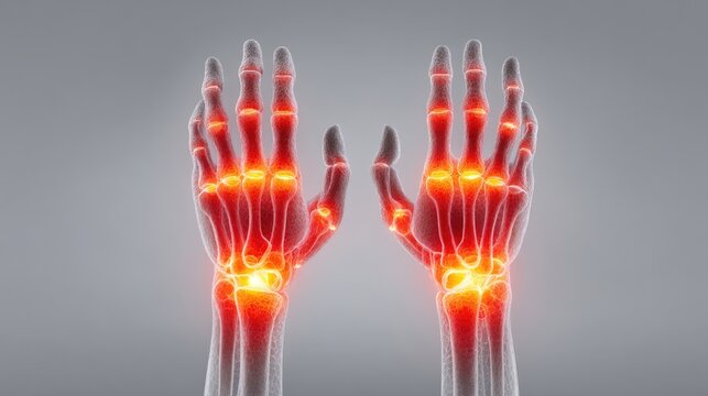 Human Hands with Joint Pain Visualization Using Digital Illustration in Red and Gray Color Scheme