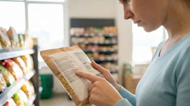 Young adult woman reading food label in grocery aisle, checking ingredients and nutrition facts for healthy shopping, mindful consumer choice and wellness routine