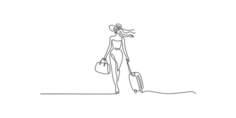 Fototapeta premium Continuous line drawing of a stylish woman traveler with a suitcase and hat