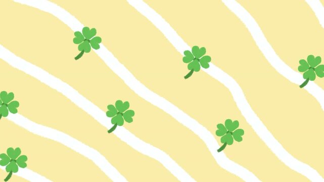 Lucky four leaf clovers pattern hand drawn on light yellow background for Saint Patrick's day and good luck concept