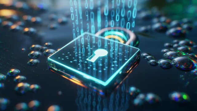 Glowing Digital Padlock Symbols Falling Through Matrix Code Stream in Cyber Security Environment
