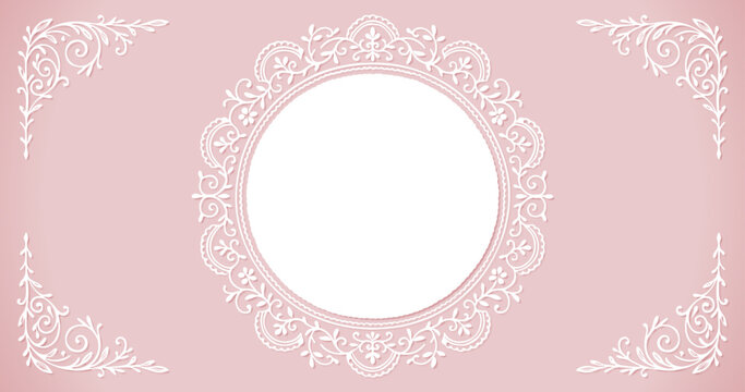 White lace circle frame on soft pink background. Vintage floral doily banner with corner ornaments.
