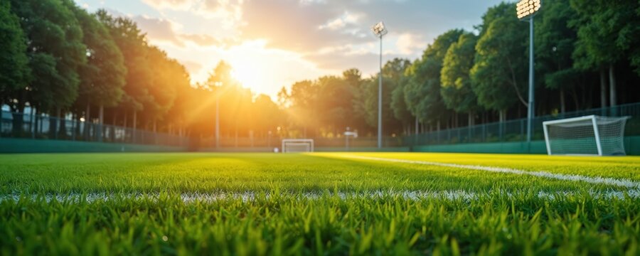 Empty soccer field with green grass and goal at sunset. Sunlight shines on the stadium lawn and stadium lights. Natural sports ground preparing for match.
