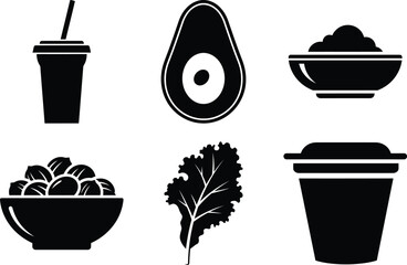 A collection of six distinct black and white icons representing various healthy food items and ingredients