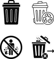 Collection of black and white icons representing trash cans and recycling symbols for waste management and environmental awareness