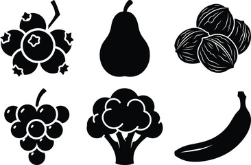 Collection of healthy food and drink icons including avocado, smoothie, salad, and yogurt