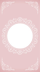 White lace vertical circle frame on soft pink background. Vintage floral doily template for social media story.