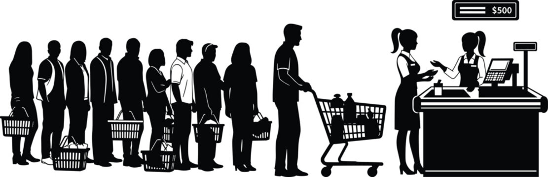 Silhouette of customers waiting in long checkout line at grocery store, supermarket retail service, shoppers with baskets and carts, isolated vector illustration.
