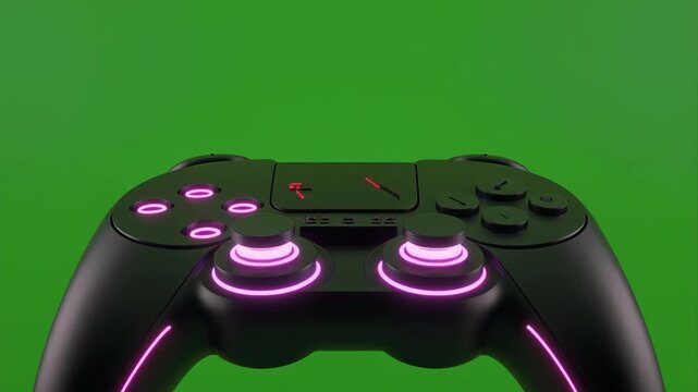 Illuminated Gaming Controllers Displaying Neon Light Patterns on Solid Green Background, Futuristic Style