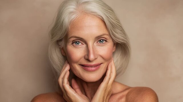 Timelapse of life from girl to elderly woman concept. Portrait of happy mature woman with glowing skin smiling gently with hands near face in natural light