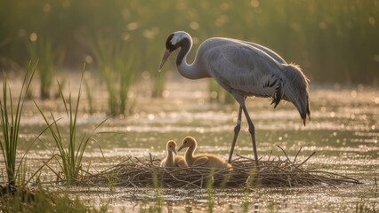 Fototapeta premium Adult crane with chicks in nest at dawn