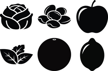 A collection of six distinct silhouette illustrations of various food items, presented in black and white.