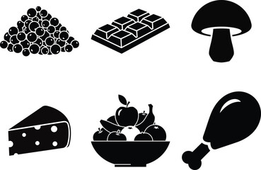A collection of simple black and white icons representing various food items and drinks.