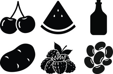 A collection of six black and white silhouette icons representing various food items and groceries.
