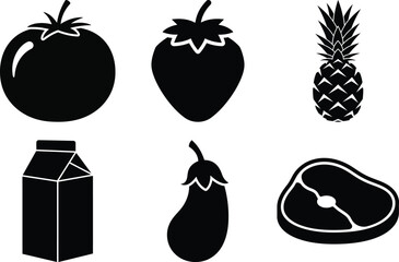 A collection of six distinct vegetable silhouettes, including a cucumber, bell pepper, onion, corn, carrot, and avocado.