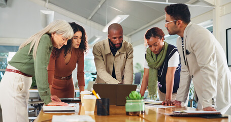 Marketing, manager or people with laptop in office, planning meeting or promotion campaign development. Discussion, branding project or advertising team together for brainstorming, launch idea or pc