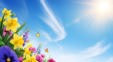 Easter sunday celebration with vibrant spring flowers and sunny sky