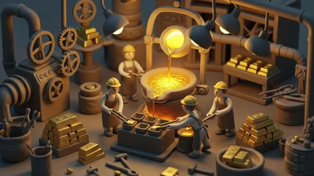 Industrial foundry scene with workers processing molten metal into ingots