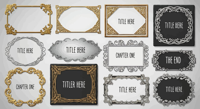 Collection of ornate decorative borders and frames with text placeholders for titles and chapter headings