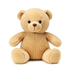 Obraz premium A fluffy light brown teddy bear toy sitting happily isolated on a white background