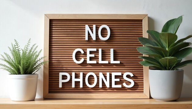 Wooden board with white letters spelling NO CELL PHONES. Two green plants in white pots sit on a shelf beside the sign. This sign means no phones allowed in the area.
