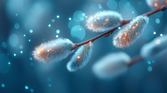 Pussy willow branch with sparkling glitter highlights. Spring floral decoration with bokeh light effect for Palm Sunday.