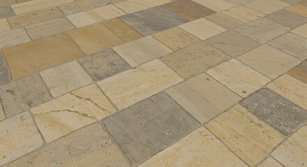 Close-up of exterior paving made from rectangular stone tiles, various colors and textures