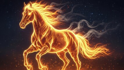 Fiery horse with glowing mane gallops through starry night sky. Fantasy creature, mythical beast.