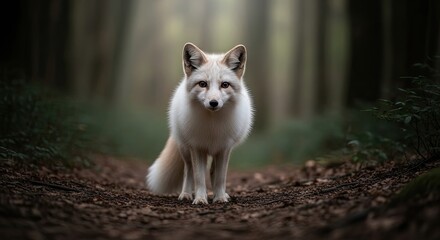 A white fox standing in a forest with a blurry background