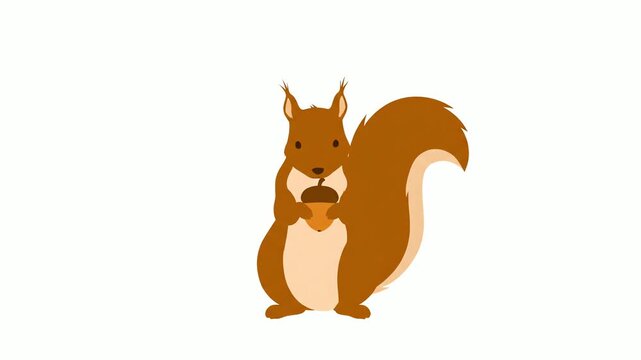 Squirrel holding acorn standing on white surface looking forward, simple animation style, cute and charming.
