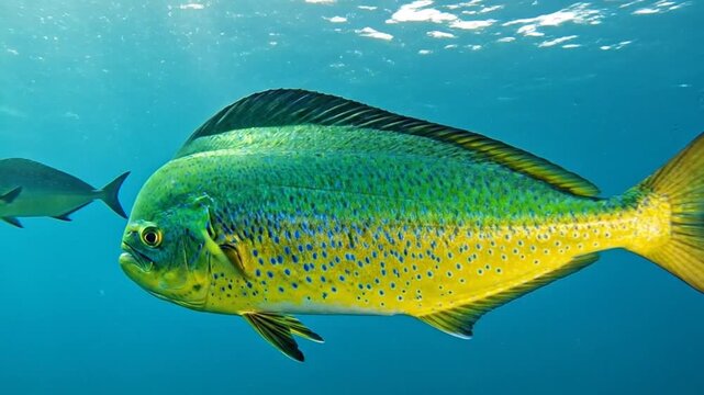 Vibrant Mahi-mahi (Dolphin fish) swimming gracefully in clear blue open ocean waters, showcasing its beautiful colors.