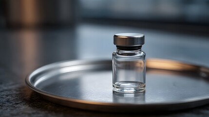 A single empty glass vial with a silver cap rests on a metallic tray