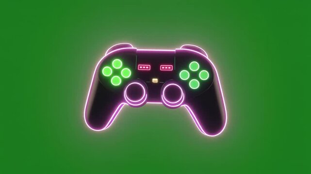 Neon Glowing Game Controllers Displayed Repeatedly on Vibrant Green Chroma Key Background