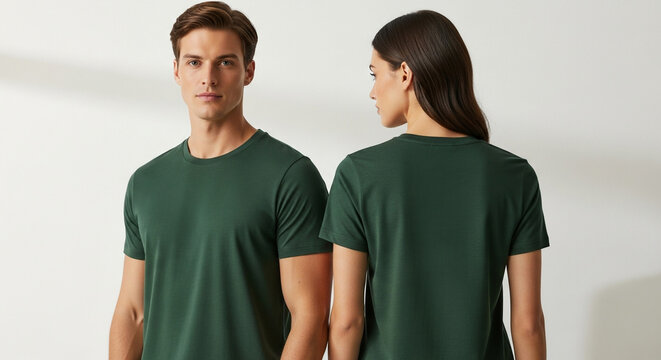 Two models, a man and a woman, wearing matching dark green short-sleeved t-shirts in a studio setting with a plain background.