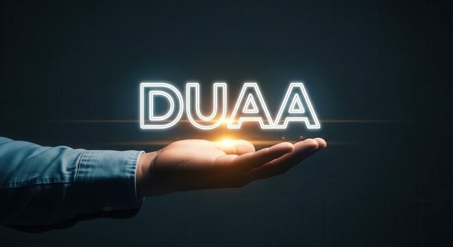 Hand holding glowing neon DUA text in a dark setting DUAA prayer