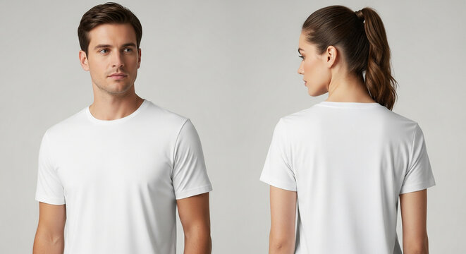 Two models, a man and a woman, showcasing plain white short-sleeved t-shirts in a studio setting.