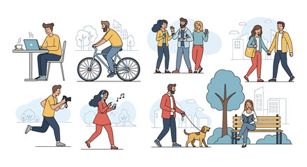 Fototapeta premium Diverse people collection performing everyday activities working, cycling, socializing, walking, relaxing, and enjoying urban life. Modern lifestyle illustrations set